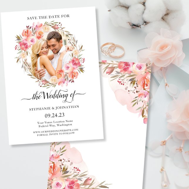 Save The Date Elégant rose Pêche Floral Aquarelle Photo (Elegant Pink Peach Floral Watercolor Photo Save The Date)