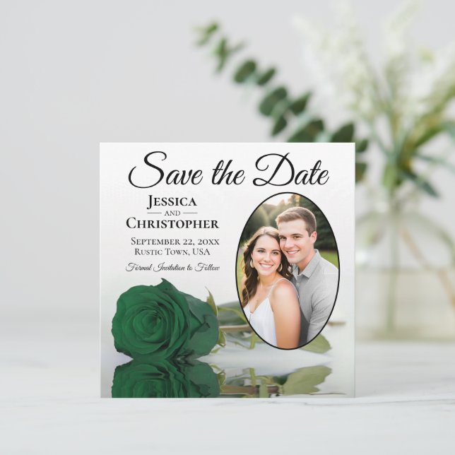 Save The Date Élégant Rose vert émeraude avec Mariage photo oval (Debout devant)