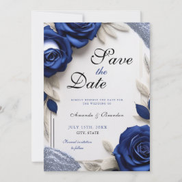 Save The Date Elégant Roses bleu marine et Mariage Parties scint