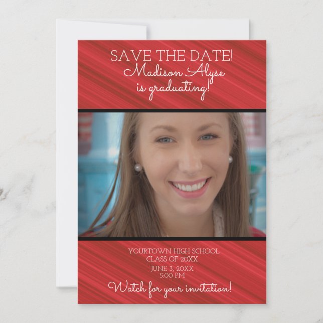 Save The Date Élégant Rouge Blanc Noir Gratté Graduation (Devant)
