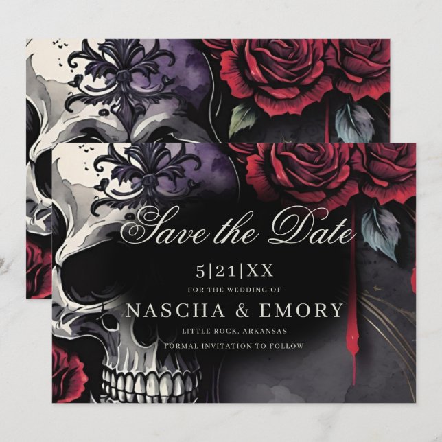 Save The Date Elégant rouge et noir crâne Rose Mariage gothique (Devant / Derrière)