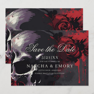 Save The Date Elégant rouge et noir crâne Rose Mariage gothique