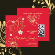 Élégant Rouge Et Or QR Enregistrer La Date Invitat