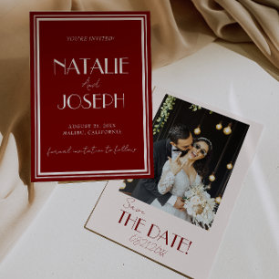 Save The Date Élégant Rouge Profond Ivoire Ancien Argent Photo M