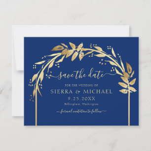 Save The Date Elégant Royal Blue et Gold Foliage Arch Mariage
