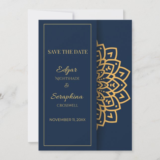 Save The Date Elégant Royal Blue et White Mandala (Devant)