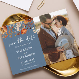 Save The Date Elégant Rustic automne floral bleu mariage photo