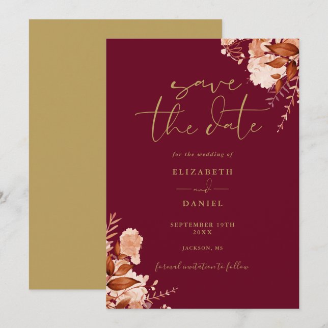 Save The Date Élégant Rustique Floral Bourgogne Et Mariage Or (Devant / Derrière)