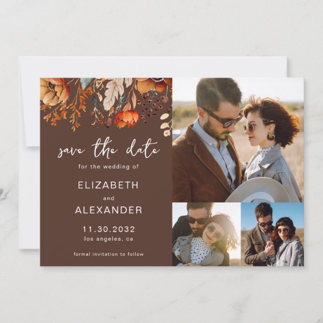 Save The Date Elégant Rustique mariage floral automnal 3 photos (Devant)