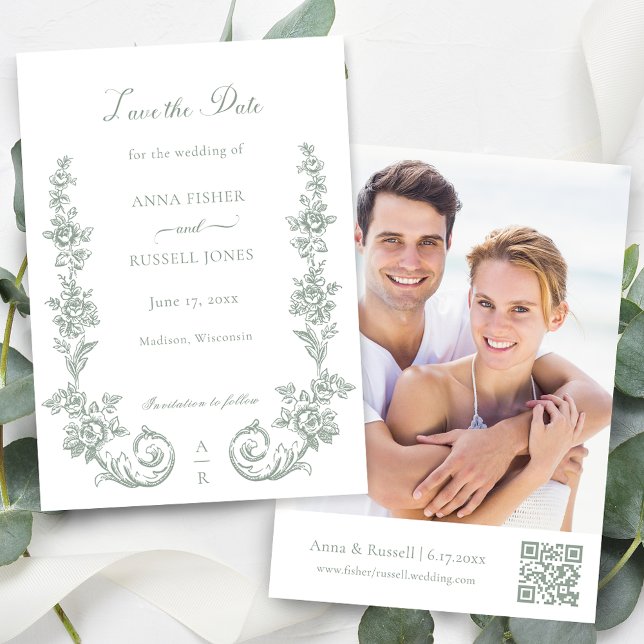 Save The Date Elegant Sage Baroque Roses Wedding (Créateur téléchargé)