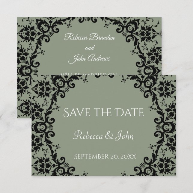 Save The Date Élégant Sage Green Damask Floral Mariage (Devant / Derrière)