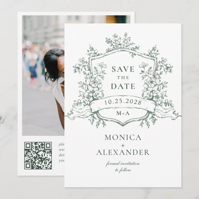 Save The Date Elégant Sage Green Fleurs de Jardin Français Maria (Devant / Derrière)