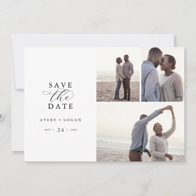 Save The Date Élégant Script 3 Photo Collage Enregistrer La Date (Devant)
