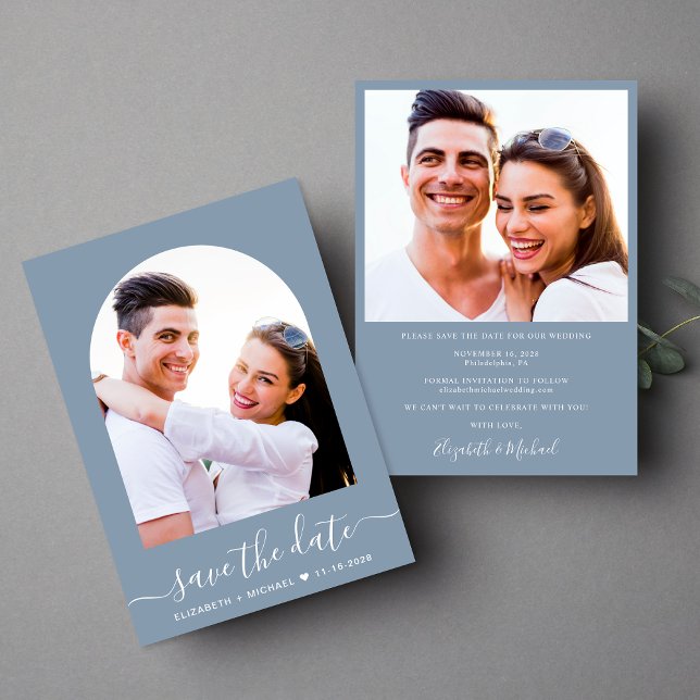 Save The Date Élégant Script Arch Photo Dusty Blue Mariage (Créateur téléchargé)