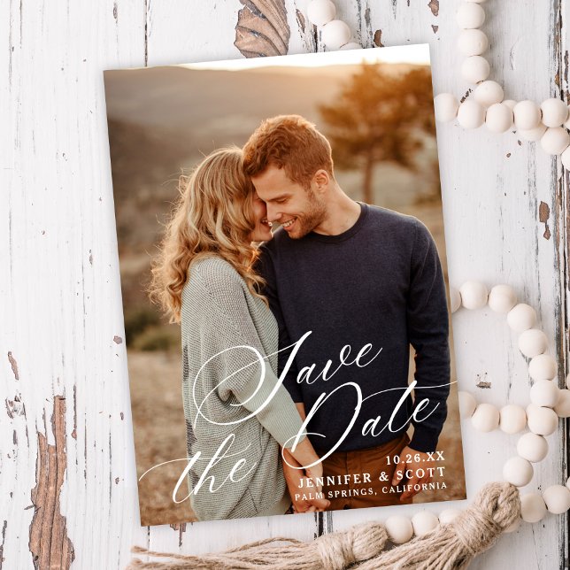 Save The Date Élégant script blanc | Mariage Enregistrer La Date (Créateur téléchargé)