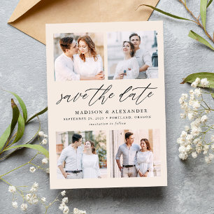 Save The Date Élégant Script Cream 4 Photo Collage