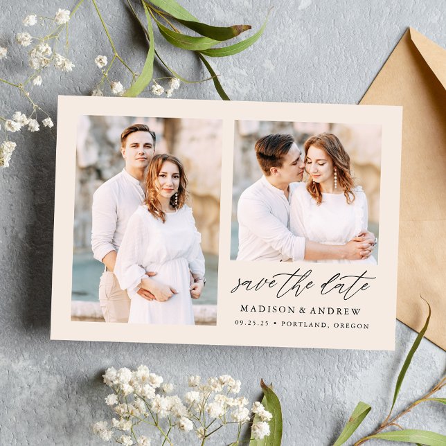 Save The Date Élégant Script Crème 2 Photo (Créateur téléchargé)