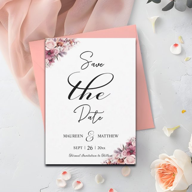 Save The Date Élégant Script Dusty rose floral Enregistrer la da (Créateur téléchargé)