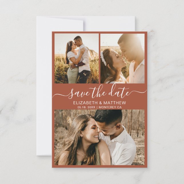 Save The Date Élégant Script Earthy Rust Photo Collage Mariage (Devant)