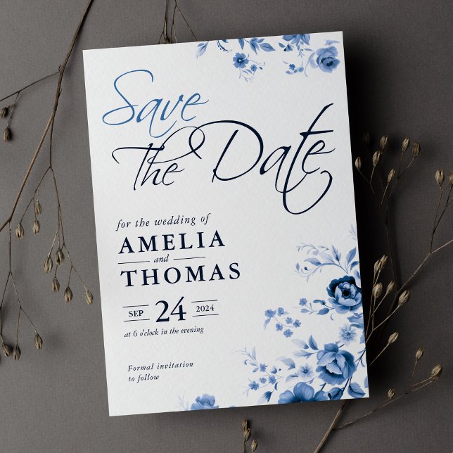 Save The Date Élégant Script Français Blue Floral Toile Mariage (Créateur téléchargé)