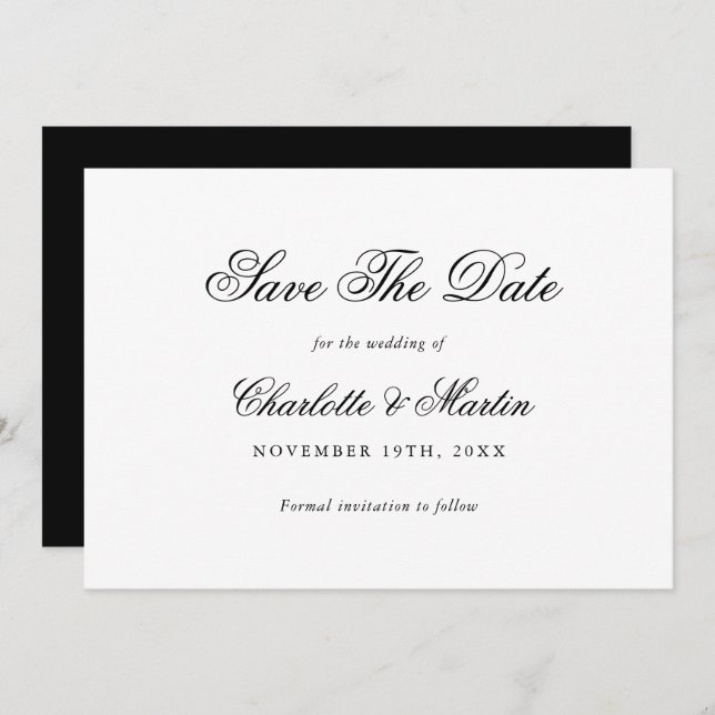 Save The Date Élégant script Mariage noir et blanc (Devant / Derrière)