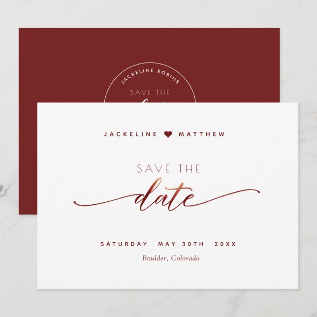 Save The Date Élégant script, Mariage simple Bourgogne (Devant / Derrière)
