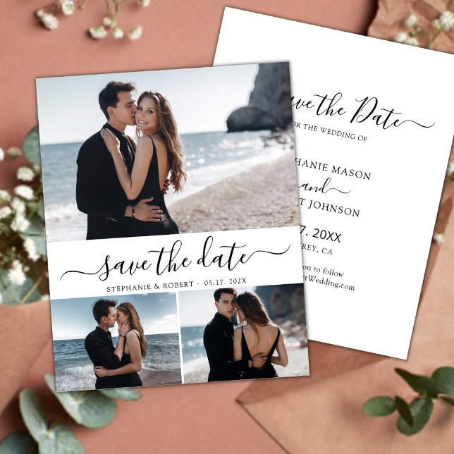 Save The Date Élégant Script Minimal 3 Photo Collage Mariage (Créateur téléchargé)