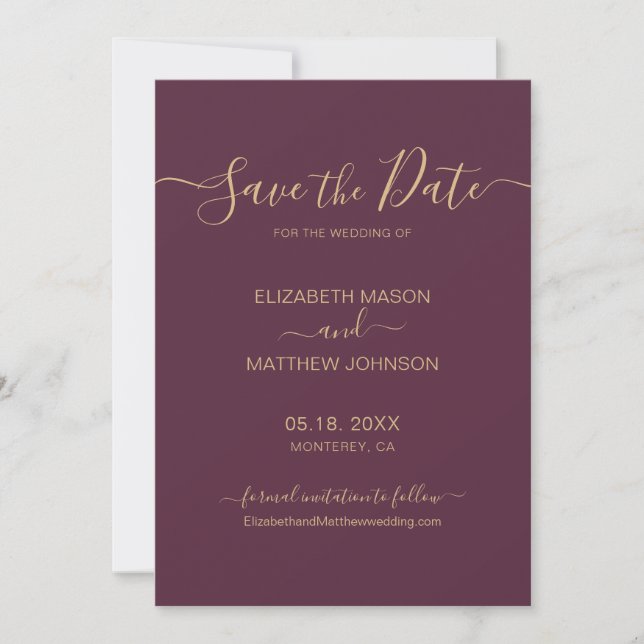 Save The Date Élégant script minimaliste Mariage or Bourgogne (Devant)