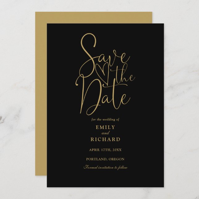 Save The Date Élégant Script Moderne Mariage Noir Et Or (Devant / Derrière)