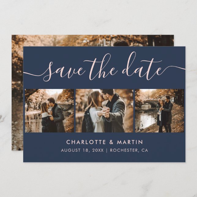 Save The Date Élégant script moderne Marine Blue Blush 4 Photo (Devant / Derrière)