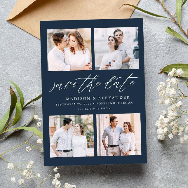 Save The Date Élégant Script Navy 4 Photo Collage (Créateur téléchargé)