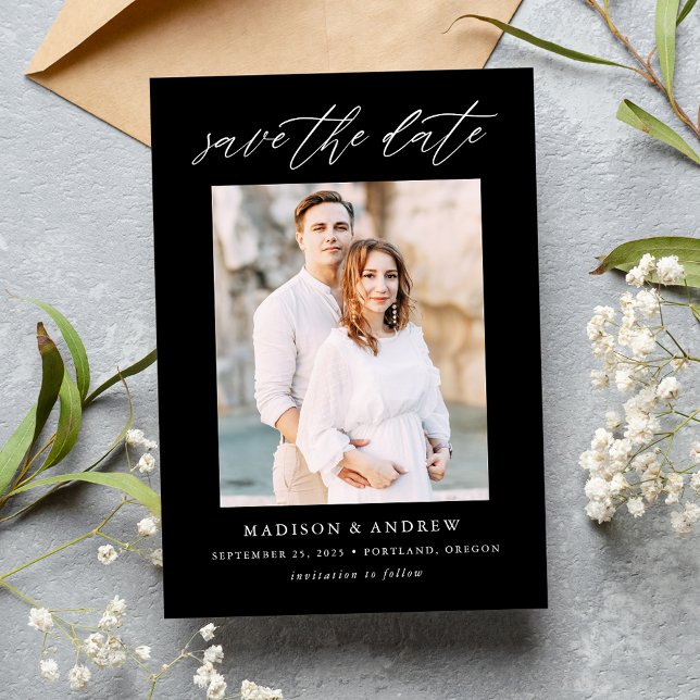 Save The Date Élégant script noir et blanc photo (Créateur téléchargé)