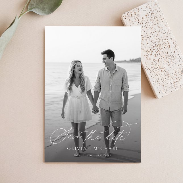 Save The Date Élégant script noir et blanc photo Mariage (Créateur téléchargé)