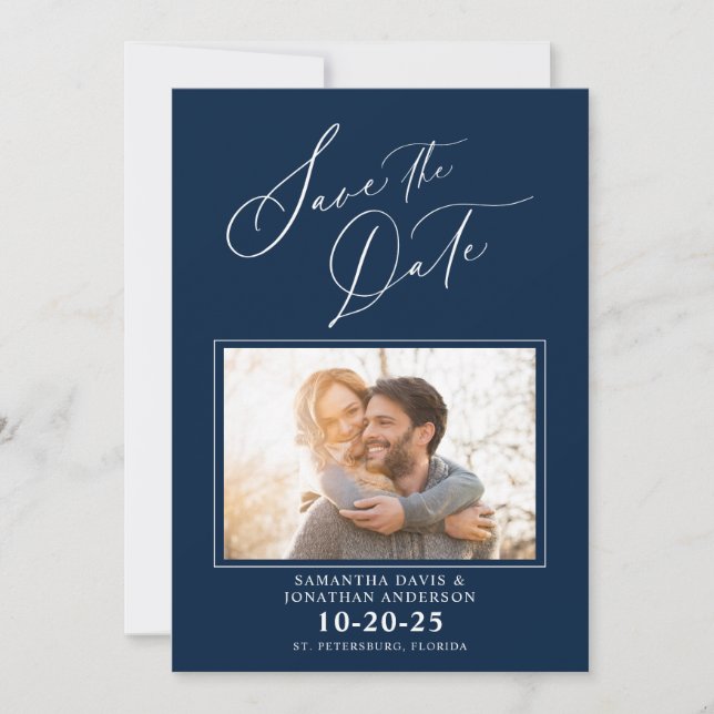 Save The Date Élégant Script Photo Blue Wedding Enregistrer La D (Devant)