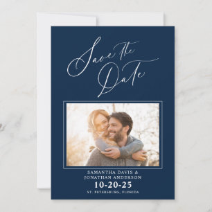 Save The Date Élégant Script Photo Blue Wedding Enregistrer La D