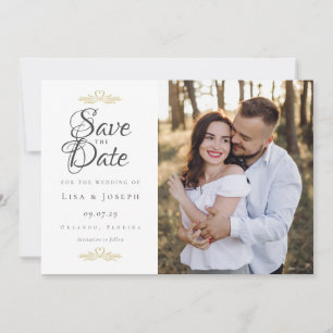Save The Date Élégant Script Photo Elegant Gold Doves Coeurs
