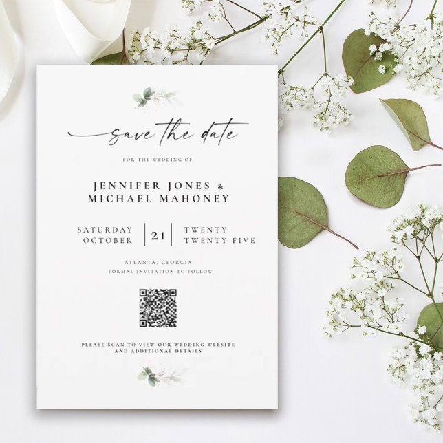 Save The Date Élégant script photo QR Code Eucalyptus Mariage (Créateur téléchargé)