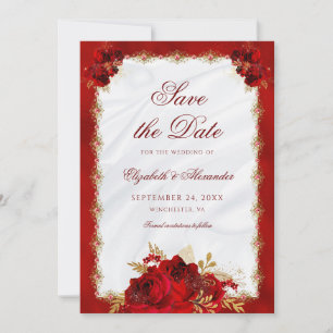 Save The Date Élégant Script Red Gold Rose Floral Mariage