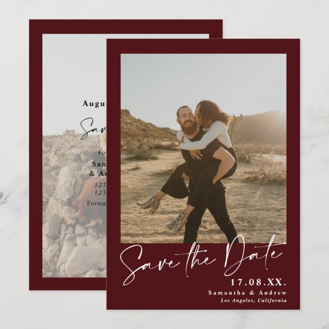 Save The Date Élégant script rouge bordeaux 2 photos enregistrer (Devant / Derrière)