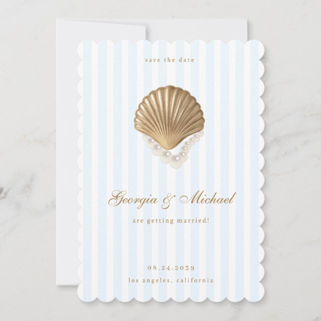 Save The Date Elegant Seashell Gold & Blue Coastal Wedding (Devant)