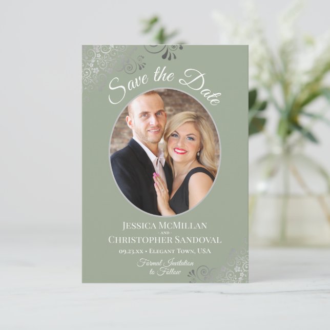 Save The Date Elegant Silver Curls & Photo on Sage Green Wedding (Debout devant)