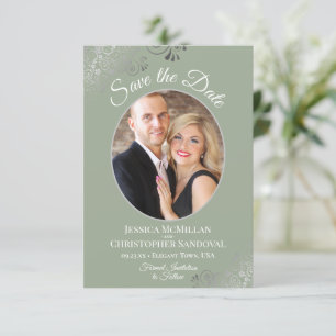 Save The Date Elegant Silver Curls & Photo on Sage Green Wedding