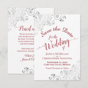 Save The Date Elégant Silver Lace Filigree Rouge sur Mariage bla