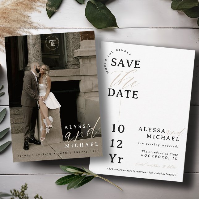 Save The Date Élégant Simple Moderne Écriture Photo Mariage Blan (Elegant modern photo typography script simple wedding save the date, black and white, champagne tan)