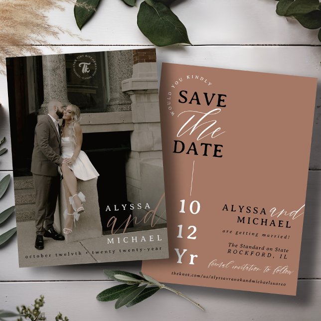 Save The Date Elégant simple moderne Mocha Mousse Mariage photo (Elegant modern photo typography script simple wedding save the date, black & white, mocha mousse)