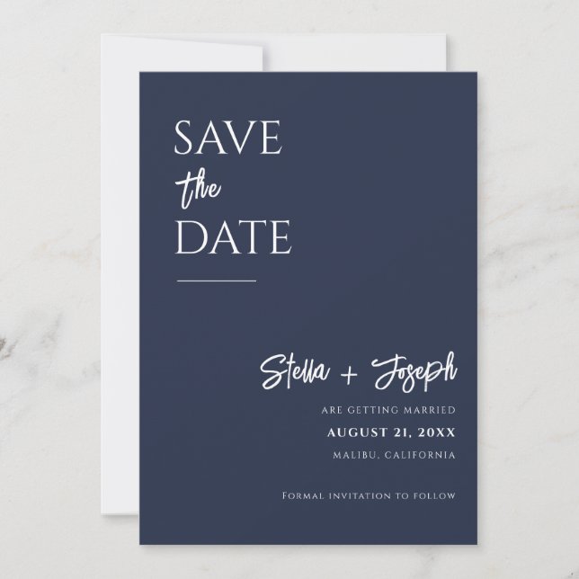 Save The Date Elegant Simple Navy Bleu Moderne Chic Mariage phot (Devant)