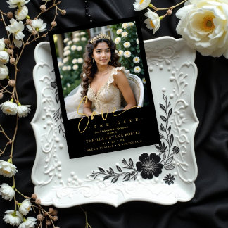 Save The Date Elegant Spanish Black Trendy Quinceañera Photo