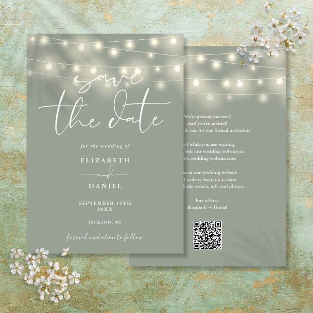 Save The Date Elegant String Lights Sage Green QR Code Wedding (Elegant String Lights Sage Green QR Code Wedding Save The Date)