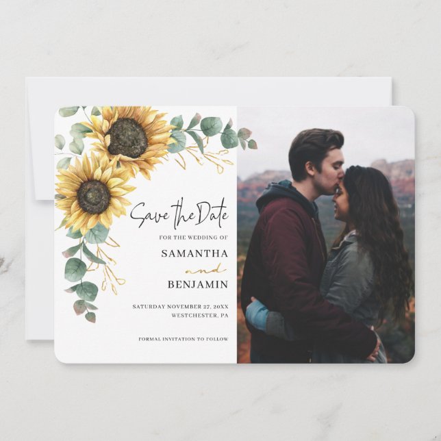 Save The Date Elegant Sunflower Eucalyptus 1 Photo Wedding (Devant)