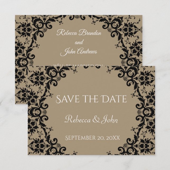 Save The Date Élégant Taupe Damask Floral Mariage (Devant / Derrière)